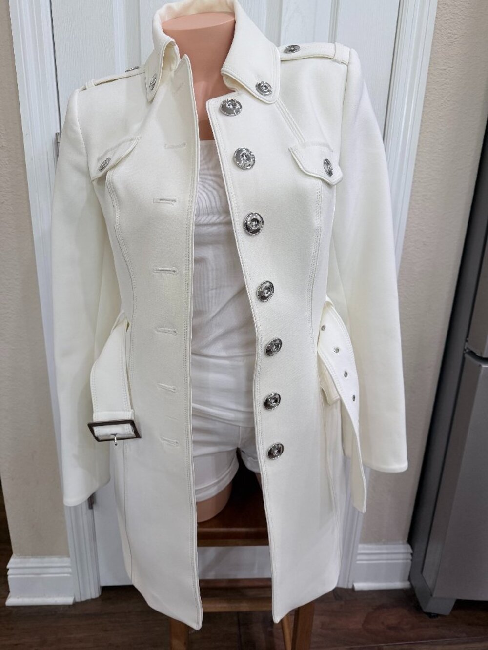WHITE BLACK XS Ivory Military Trench Coat Belted Silver Buttons
